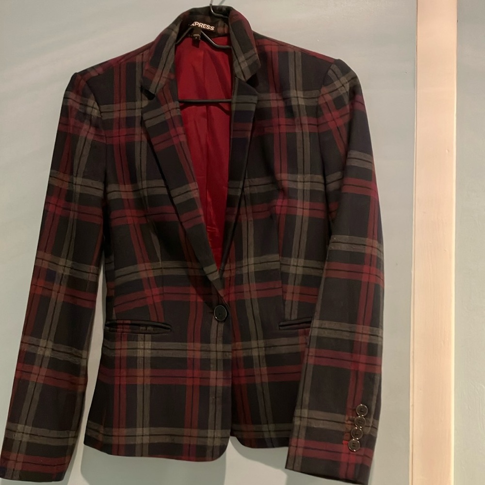 Express Red and Black Plaid Blazer